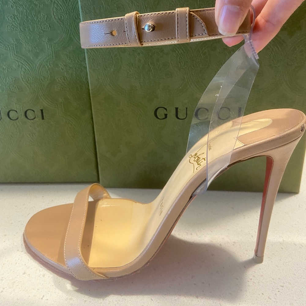 Christian Louboutin size 39 beige open toed heel sandals with clear ankle strap